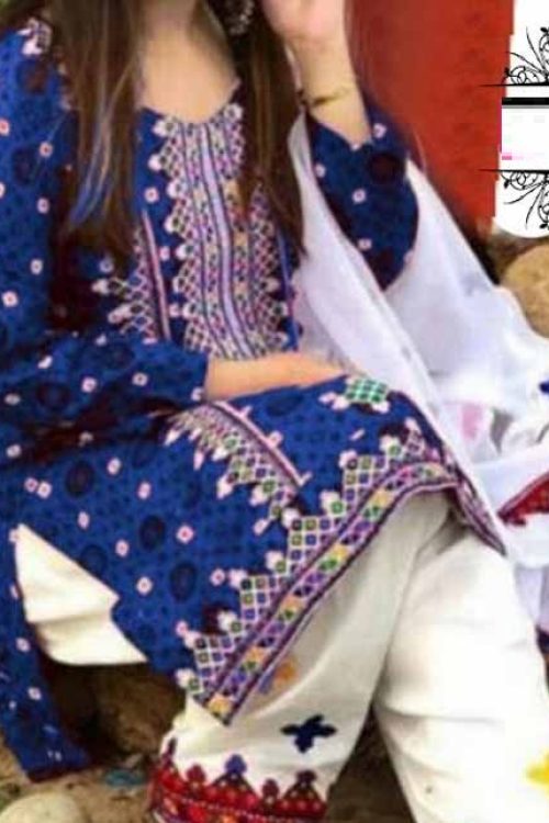 Traditional Blue Ajrak Printed Taveez Gala Embroidery Suit