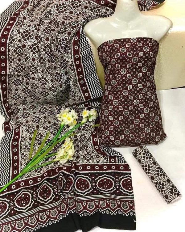 Cotton Ajrak Hand Block Print 3 Pc Suit in Maroon