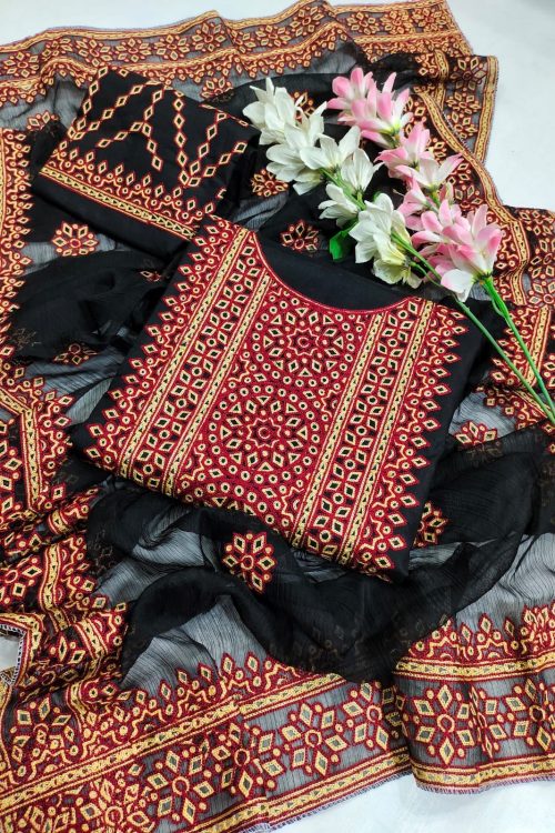 Traditional Ajrak Embroidery Aari Work Unstitch Suit