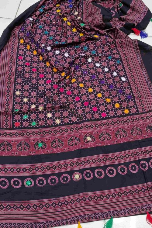 Traditional Thari Hand Block Print Chadar On Black With Purple