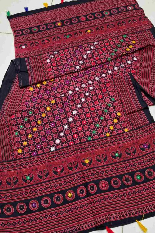Traditional Thari Hand Block Print Chadar On Black With Red