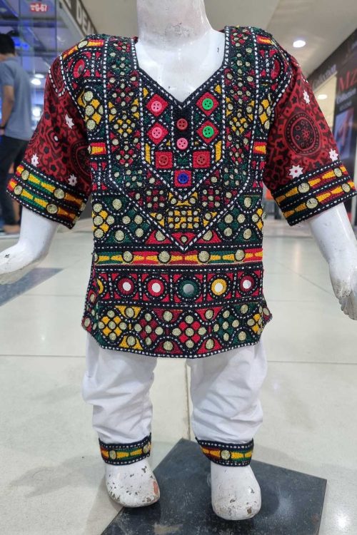Traditional Ajrak Print with Balochi Embroidery For Kids