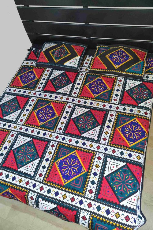 Traditional Rilli Style Heavy Machine Embroidery Bedsheet