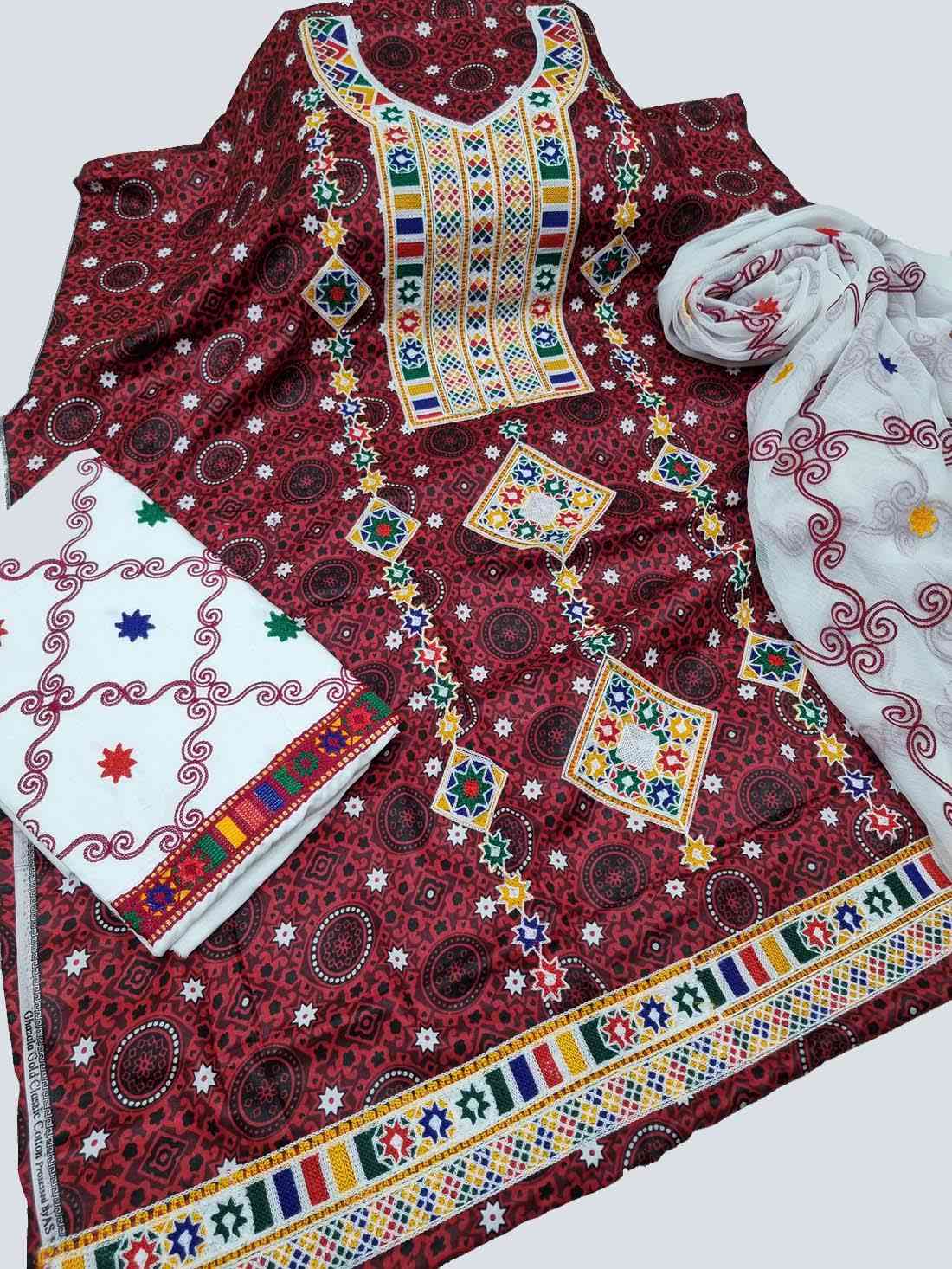 Ajrak Print 3 Piece Suit With Beautiful Aari Work Embroidery