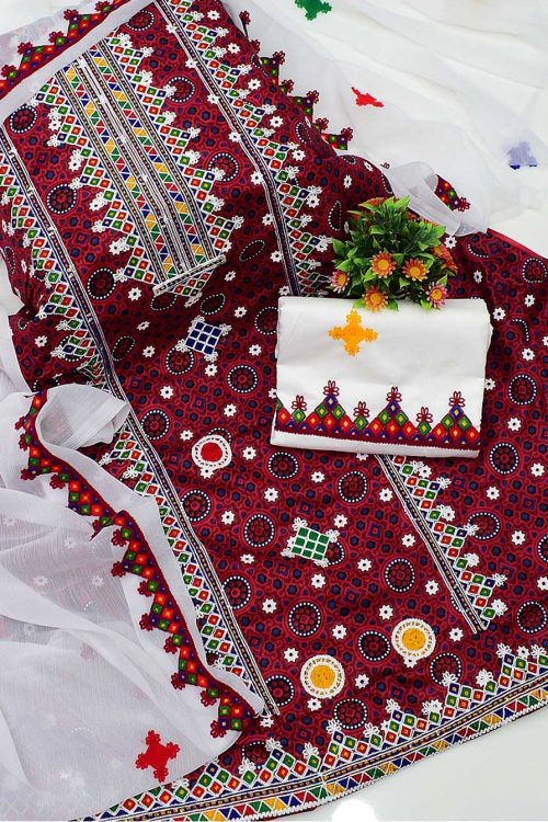 Traditional Ajrak Printed Taveez Gala Embroidery Suit