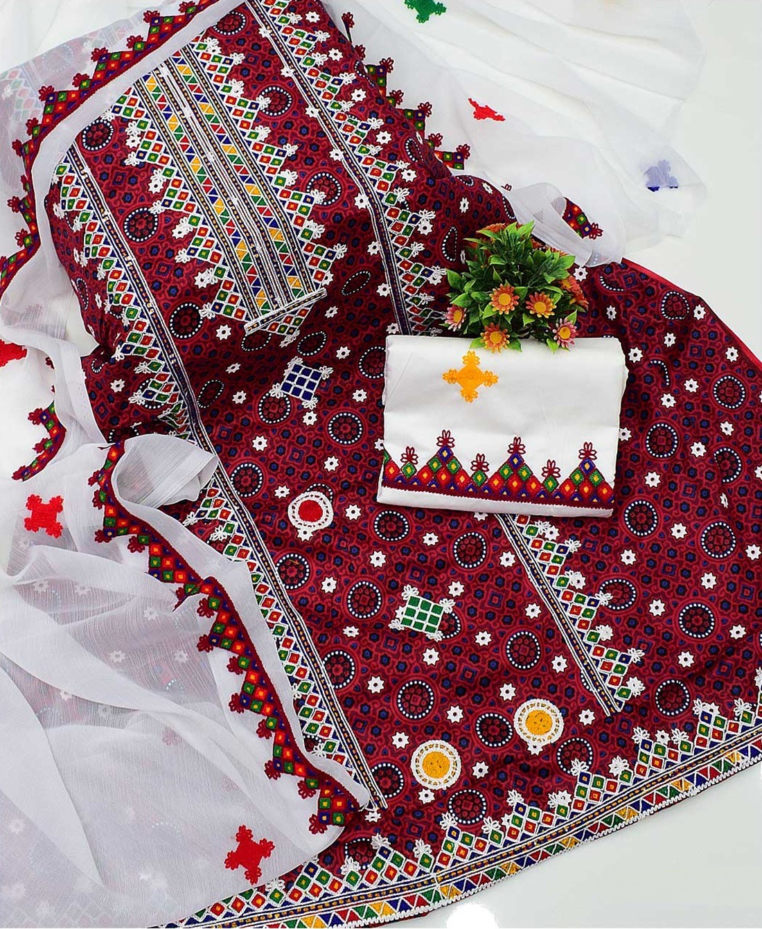Traditional Ajrak Printed Taveez Gala Embroidery Suit